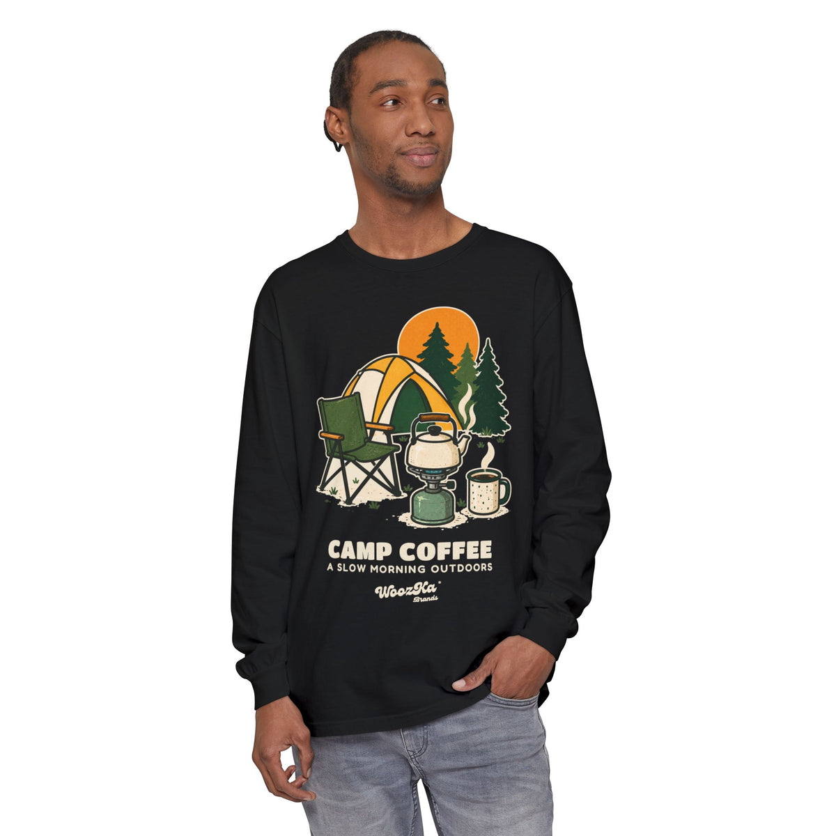 WoozKa Brands Camp Coffee Camping Long Sleeve T-Shirt, Front Graphic