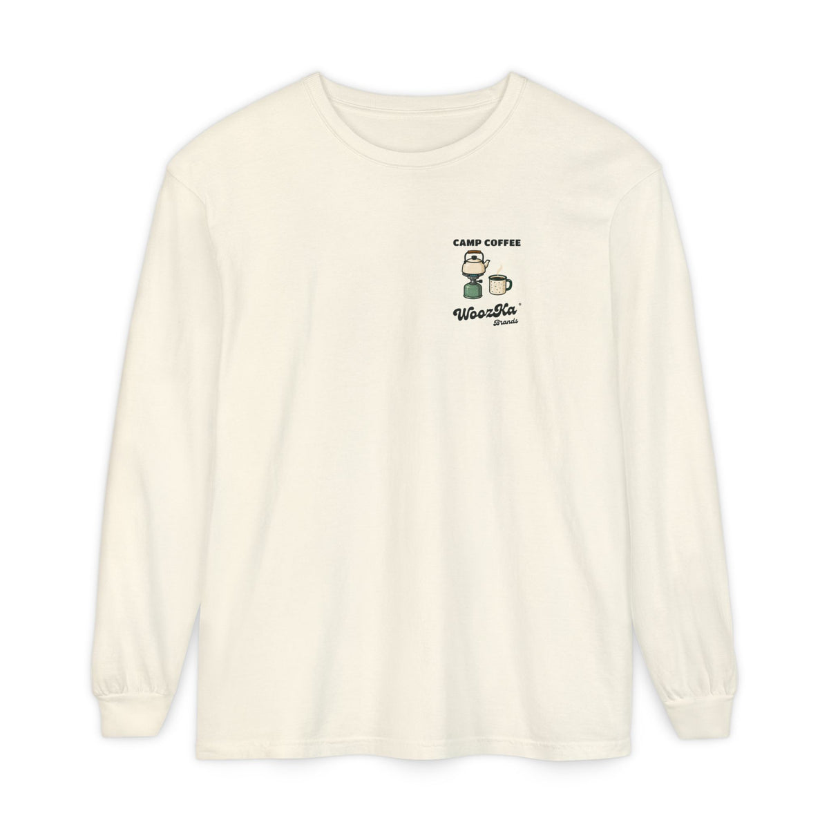 WoozKa Brands Camp Coffee Camping Long Sleeve T-Shirt, Two-Sided Graphic