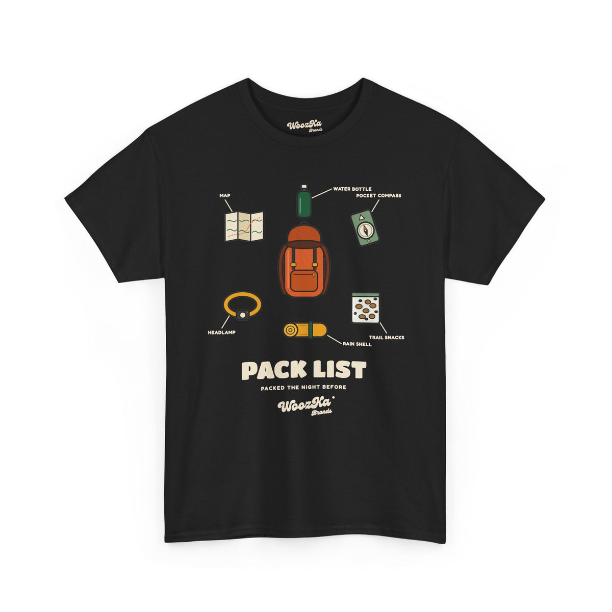 WoozKa Brands Hiking T-Shirt, Backpacking Gear List Front Print