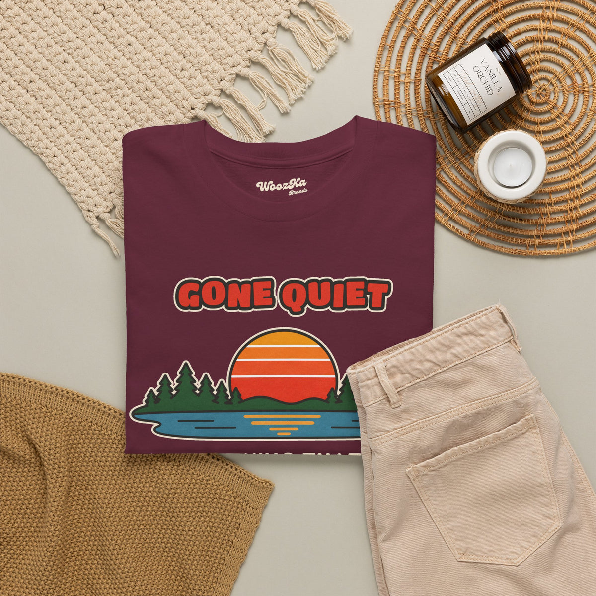 WoozKa Brands Retro Sunset Lake T-Shirt, Nature Outdoors Pine Front Print