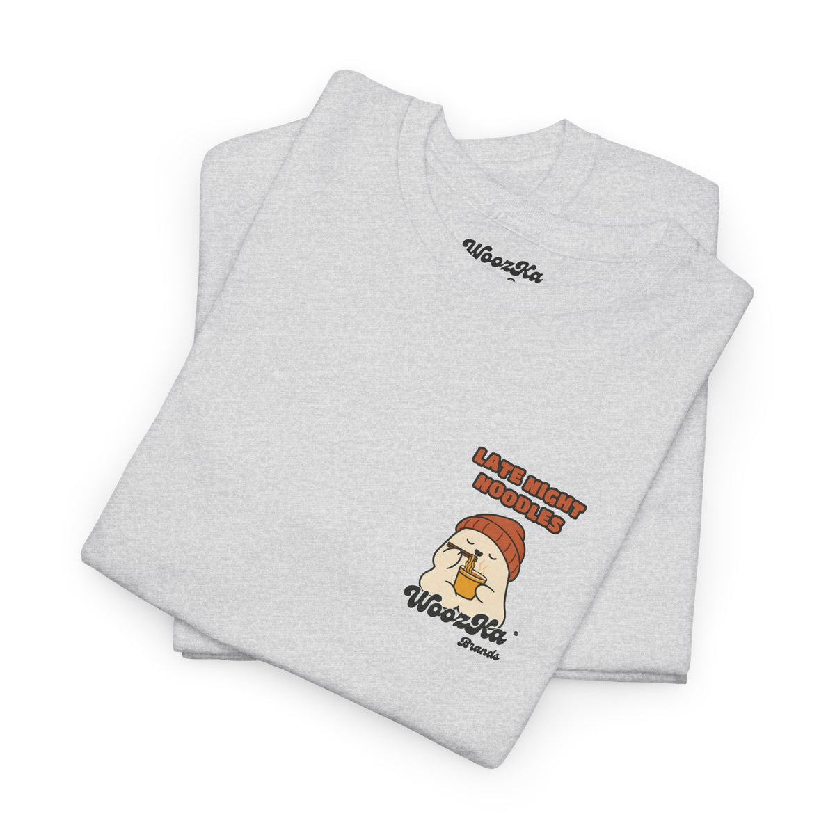 WoozKa Brands Late Night Noodles Ghost Heavy Cotton T-Shirt, Two-Sided