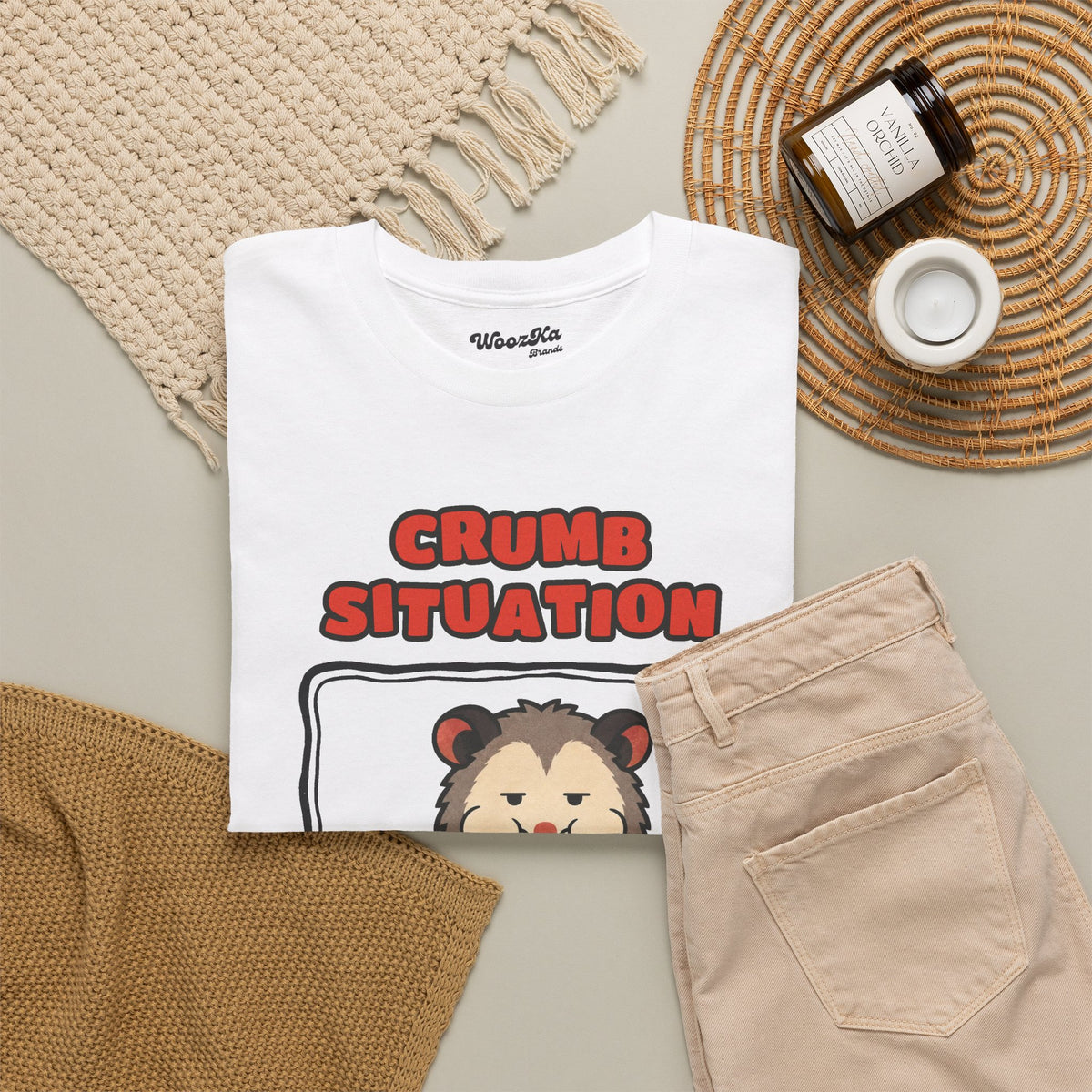 WoozKa Brands Crumb Situation Opossum Heavy Cotton T-Shirt, Front Graphic