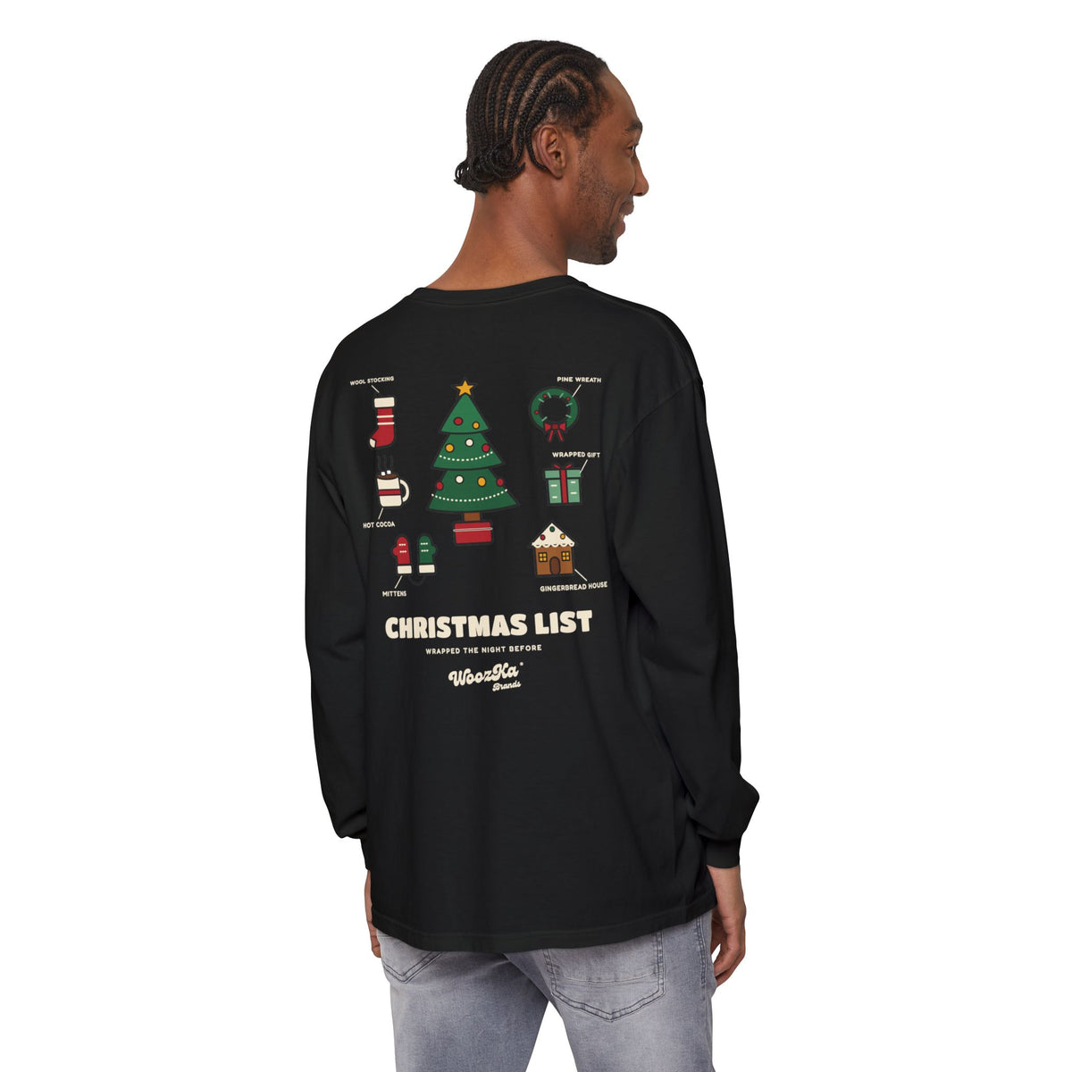 WoozKa Brands Cute Christmas Tree Long Sleeve Tee, Holiday List Back Print