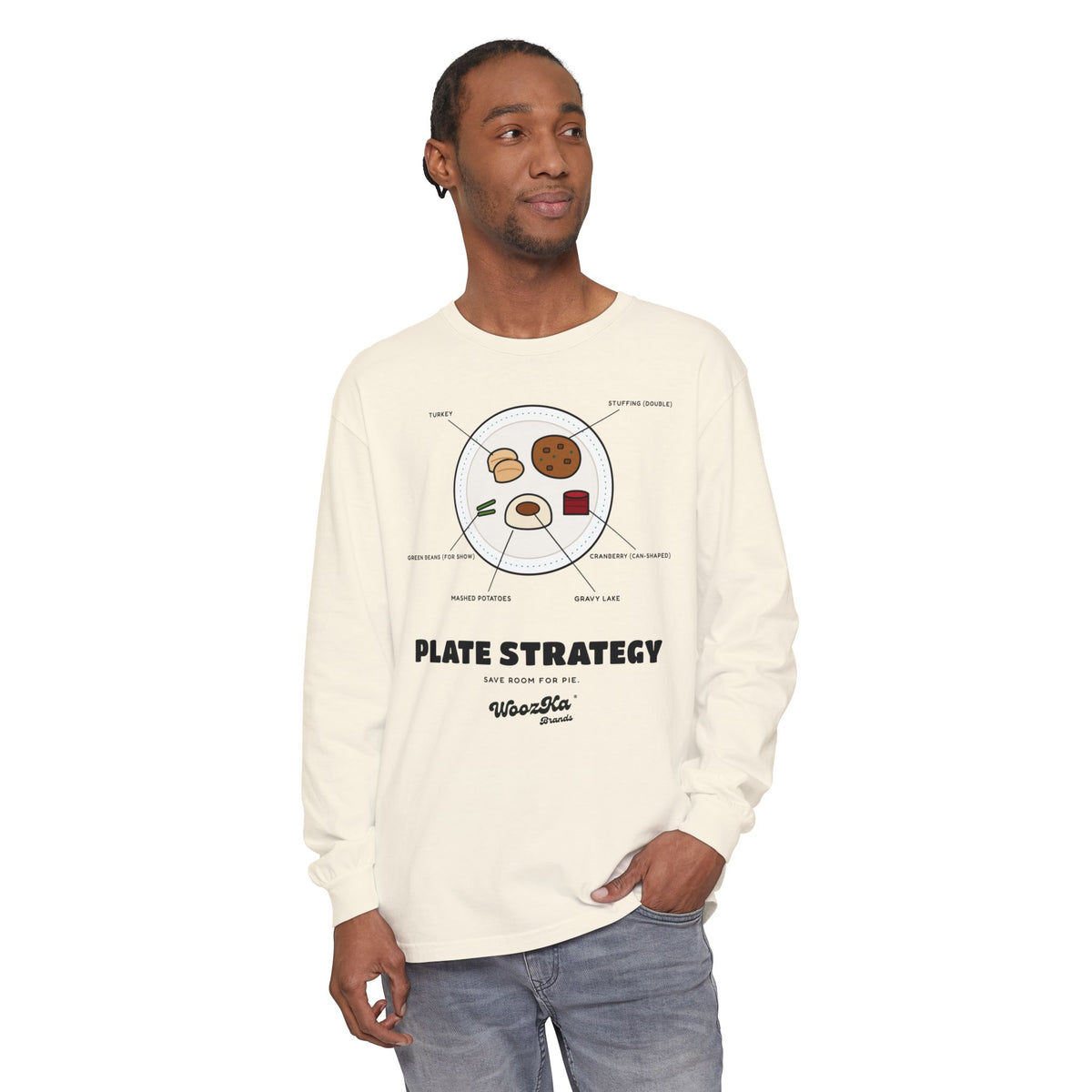 WoozKa Brands Funny Thanksgiving Long Sleeve Tee, Turkey Dinner Front Print