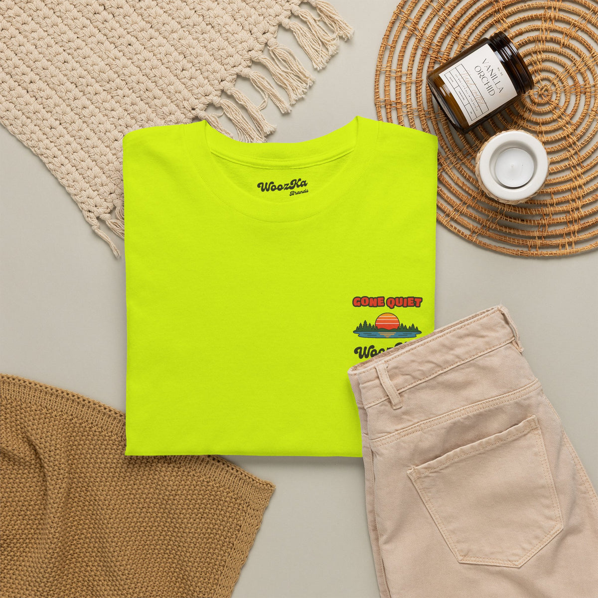 WoozKa Brands Retro Sunset Lake T-Shirt, Nature Outdoors Pine Back Print