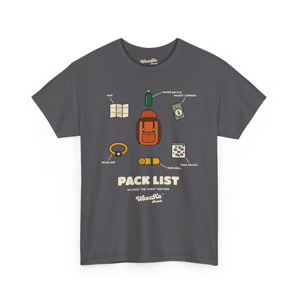 WoozKa Brands Hiking T-Shirt, Backpacking Gear List Front Print
