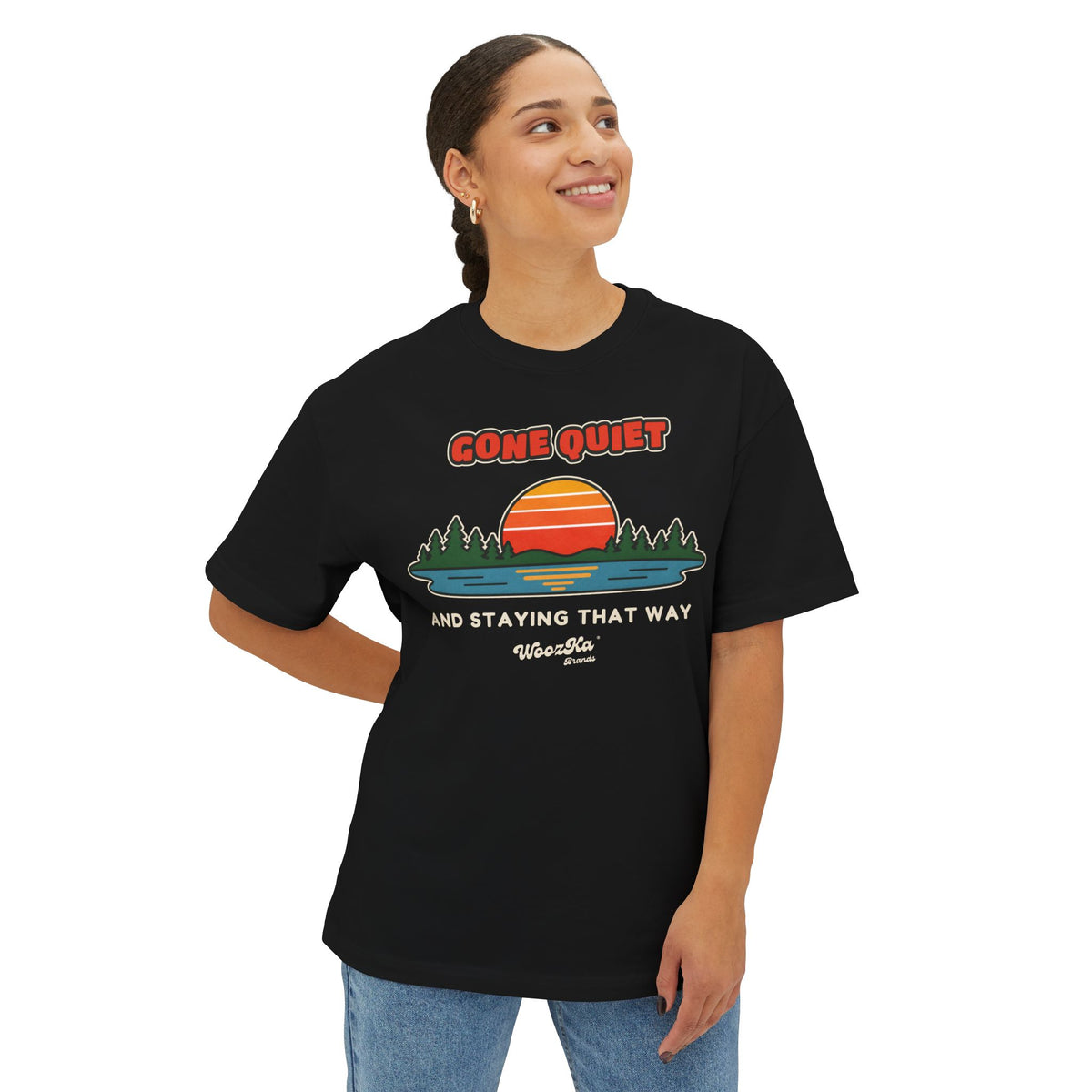 WoozKa Brands Retro Sunset Lake Oversized Tee, Nature Outdoors Front Print