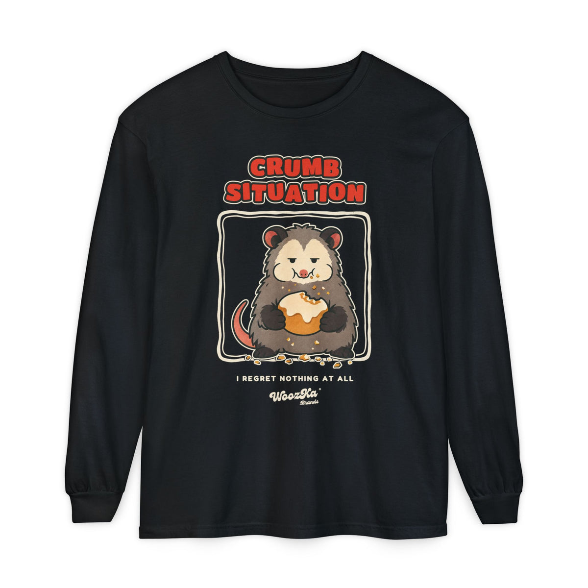 WoozKa Brands Crumb Situation Opossum Long Sleeve T-Shirt, Front Graphic