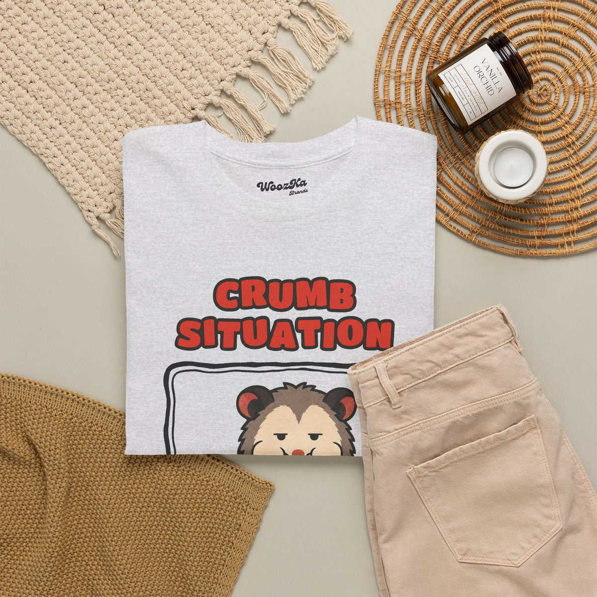 WoozKa Brands Crumb Situation Opossum Heavy Cotton T-Shirt, Front Graphic