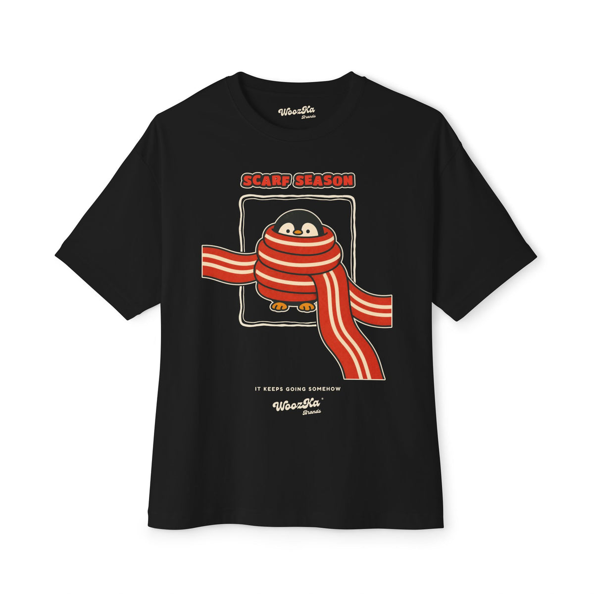 WoozKa Brands Scarf Season Penguin Oversized Boxy T-Shirt, Front Graphic