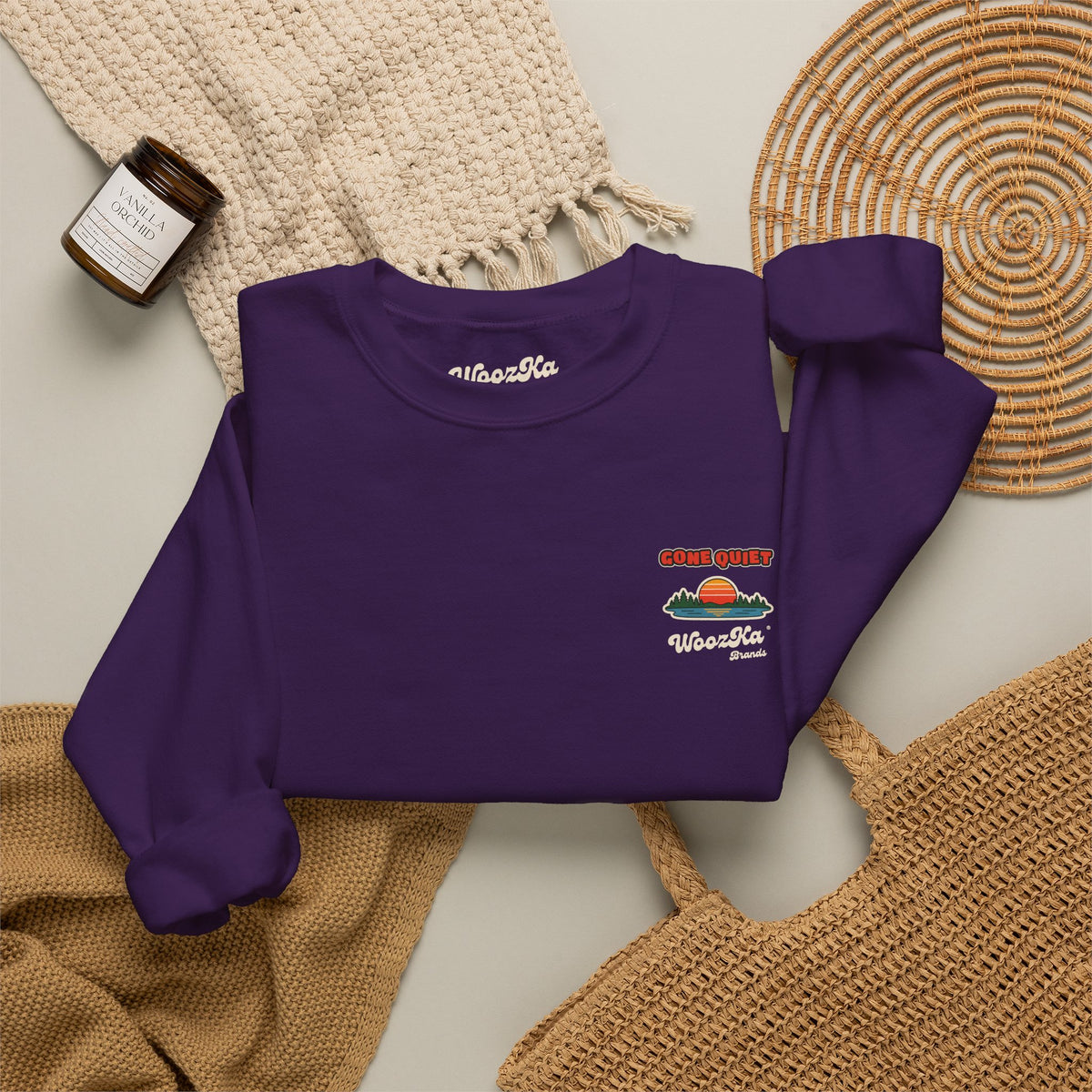 WoozKa Brands Retro Sunset Lake Sweatshirt, Nature Outdoors Pine Back Print