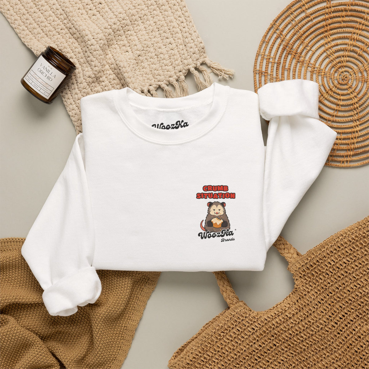 WoozKa Brands Crumb Situation Opossum Crewneck Sweatshirt, Two-Sided