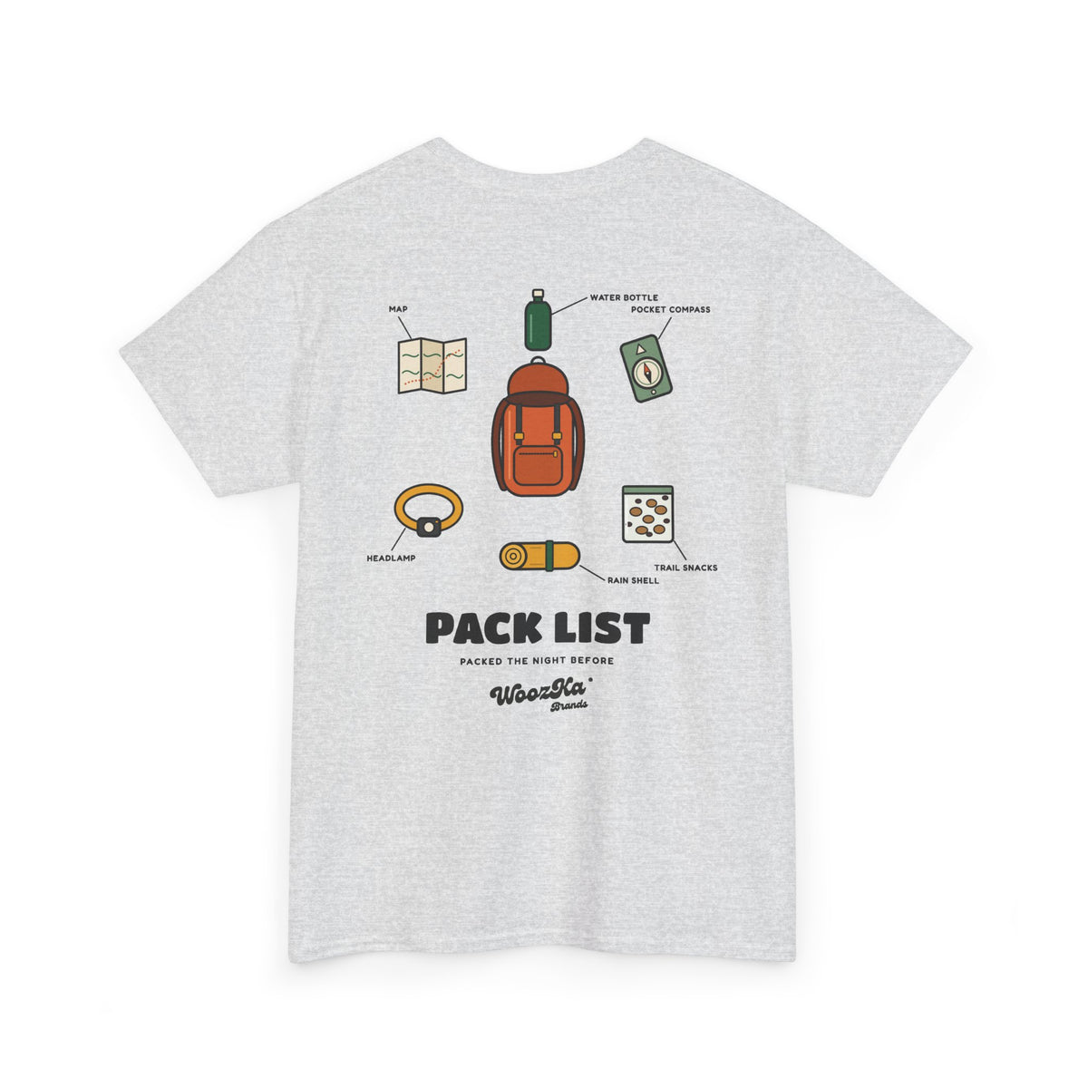 WoozKa Brands Hiking T-Shirt, Backpacking Gear List Back Print