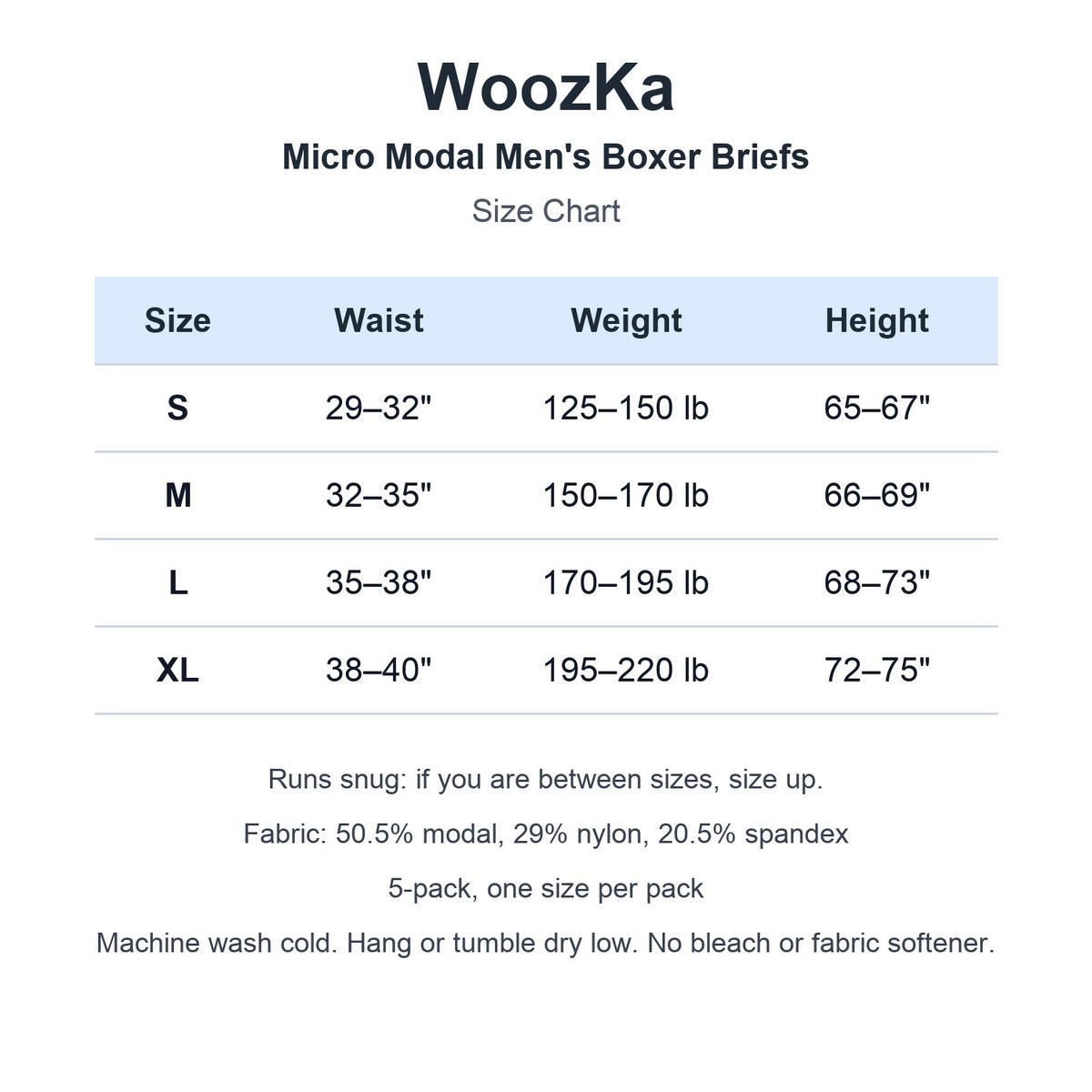 WoozKa Micro Modal men's boxer briefs size chart