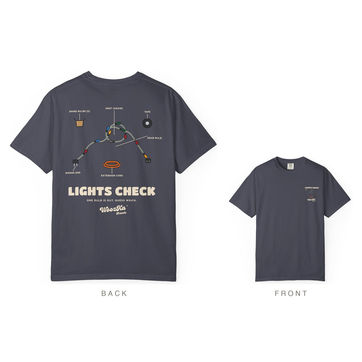 Christmas Lights Heavyweight Tee, Funny Holiday Back Print, Navy, back and front
