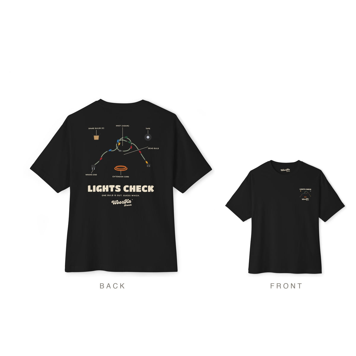 Christmas Lights Oversized Tee, Funny Holiday Back Print, Black, back and front