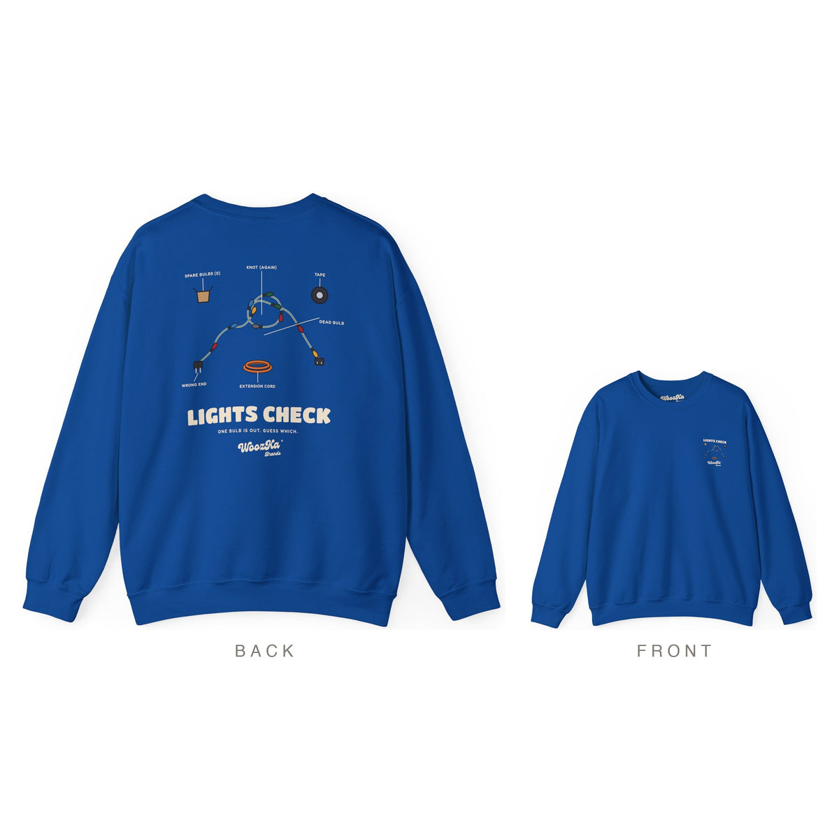 Christmas Lights Sweatshirt, Funny Holiday Back Print, Royal, back and front