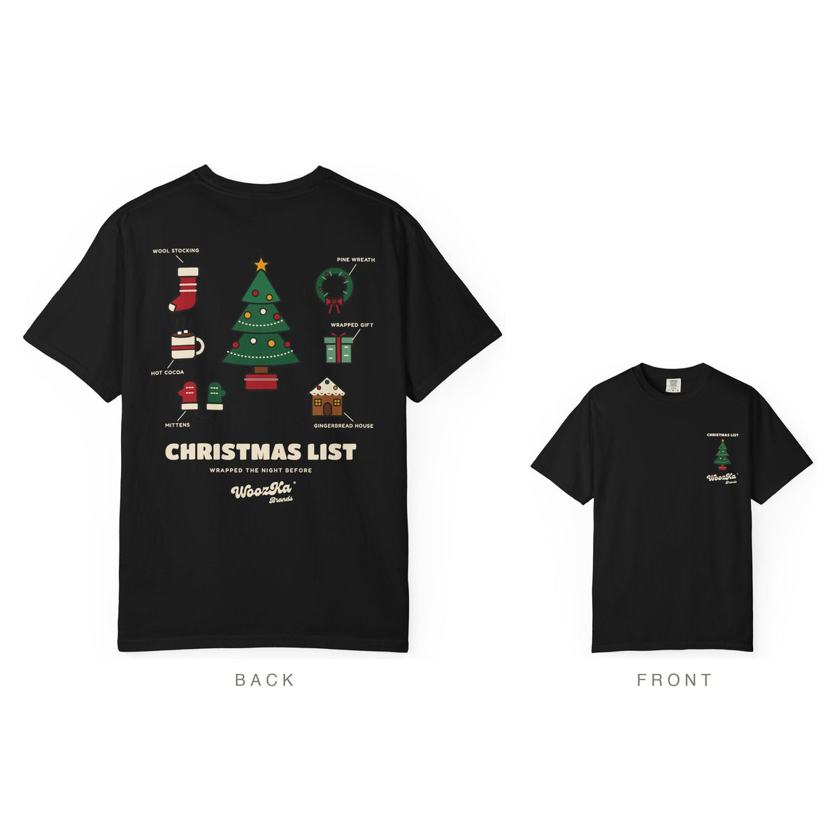 Cute Christmas Tree Heavyweight Tee, Holiday List Back Print, Black, back and front