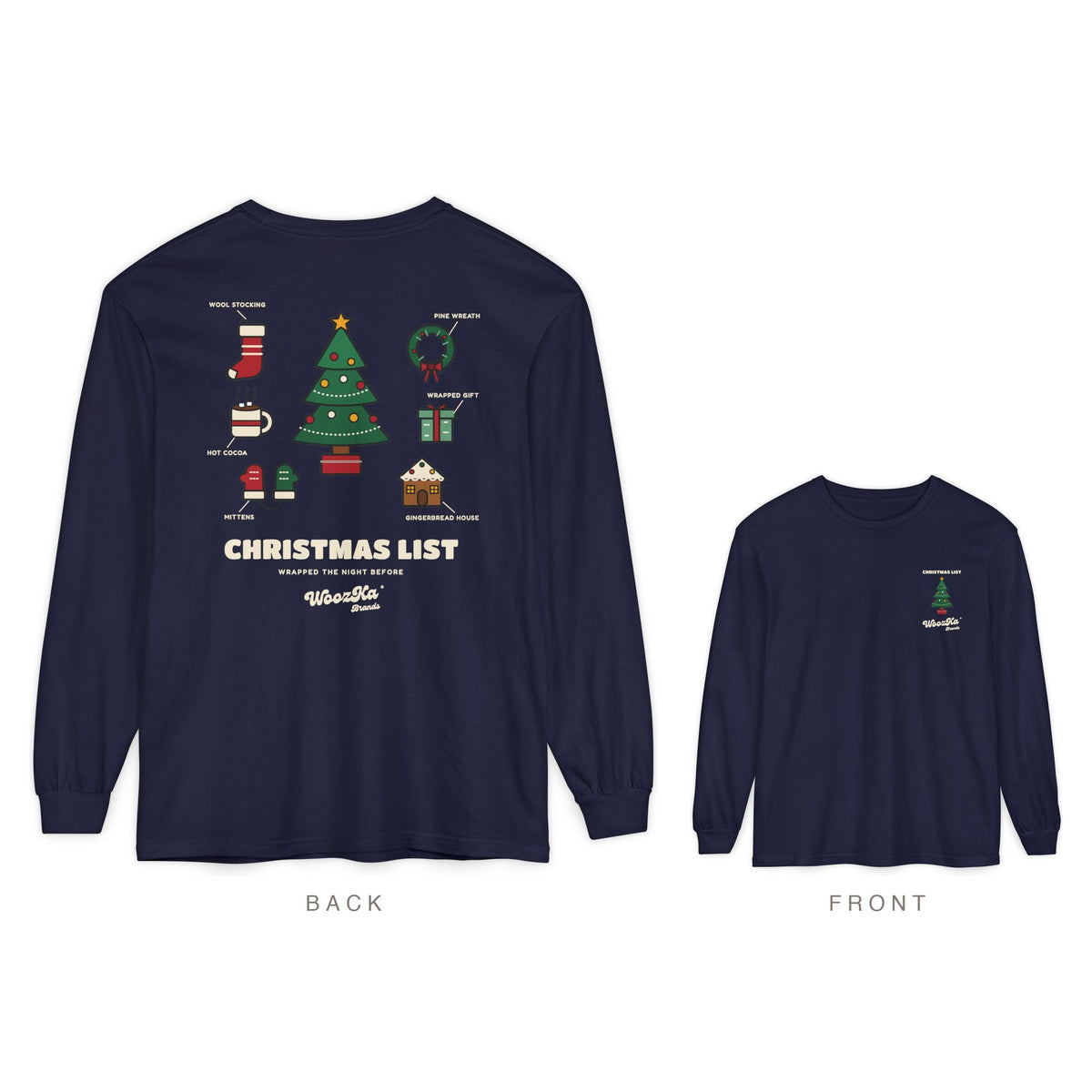 Cute Christmas Tree Long Sleeve Tee, Holiday List Back Print, True Navy, back and front