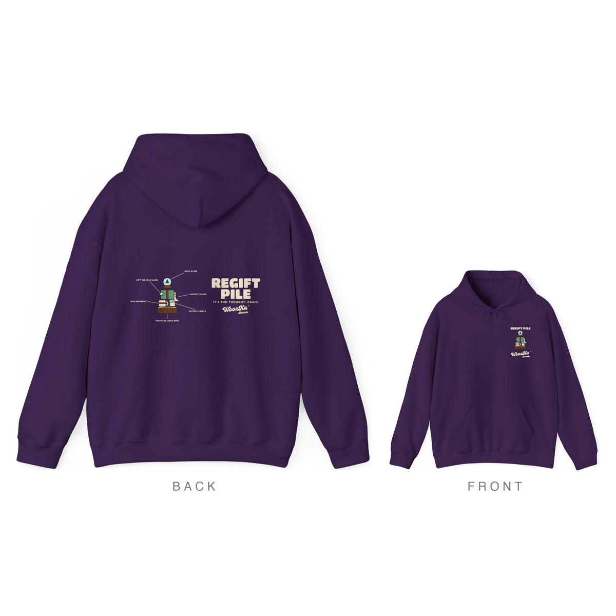 Funny Christmas Hoodie, Regift Office Party Wide Back Print, Purple, back and front