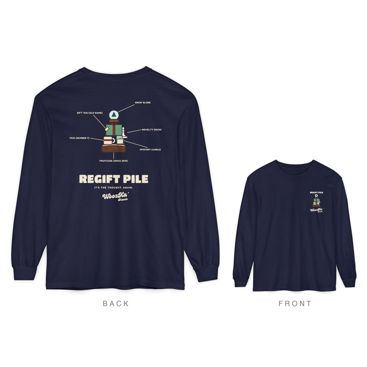 Funny Christmas Long Sleeve Tee, Regift Office Back Print, True Navy, back and front