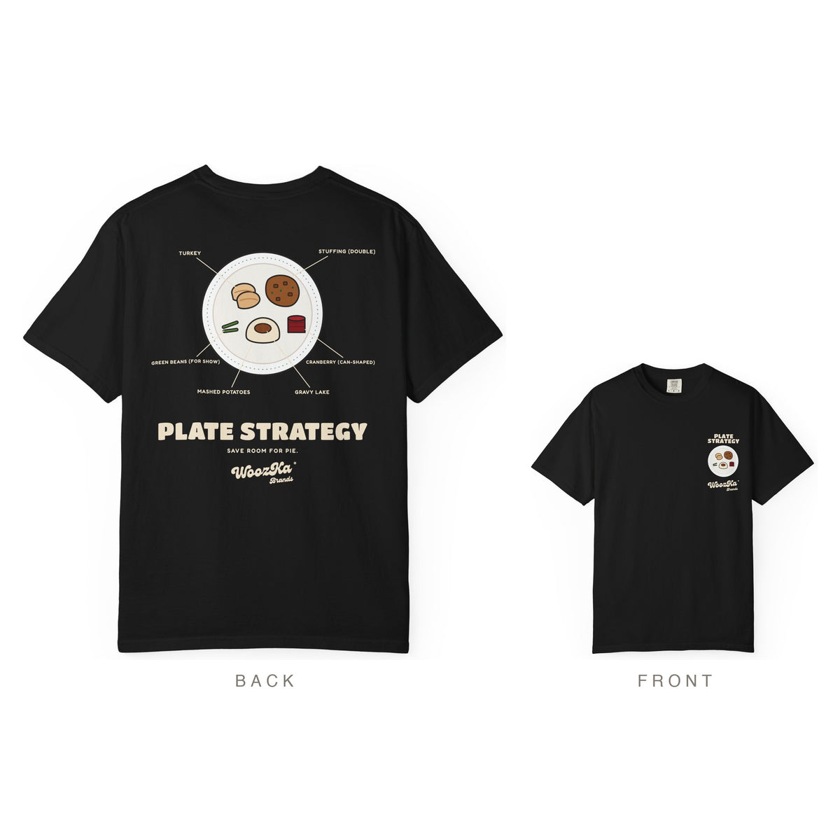 Funny Thanksgiving Heavyweight Tee, Turkey Dinner Back Print, Black, back and front
