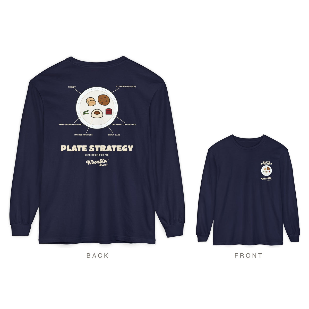 Funny Thanksgiving Long Sleeve Tee, Turkey Dinner Back Print, True Navy, back and front