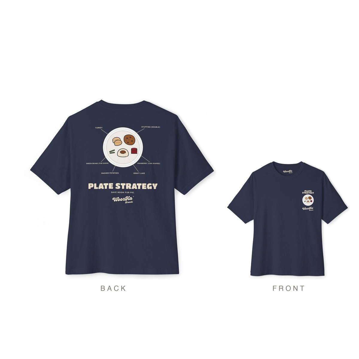 Funny Thanksgiving Oversized Tee, Turkey Dinner Back Print, Navy, back and front