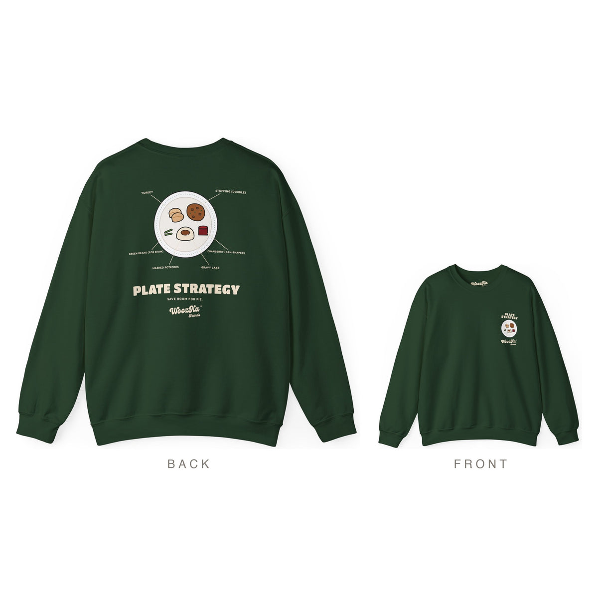 Funny Thanksgiving Sweatshirt, Turkey Dinner Plate Back Print, Forest Green, back and front