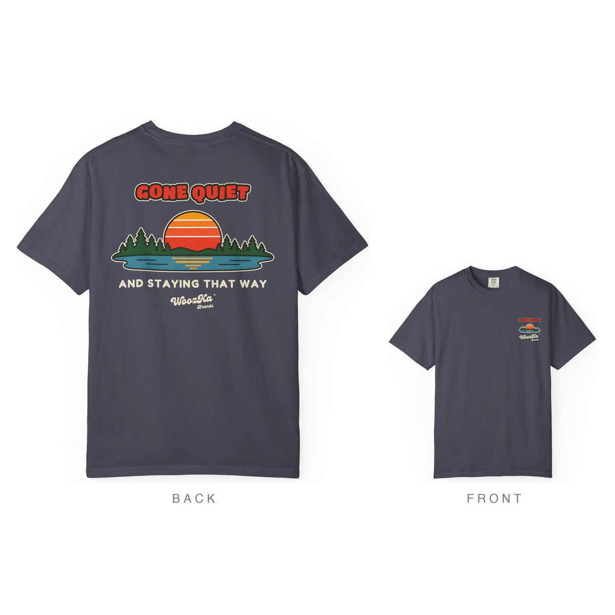 Retro Sunset Lake Heavyweight Tee, Nature Outdoors Back Print, Navy, back and front