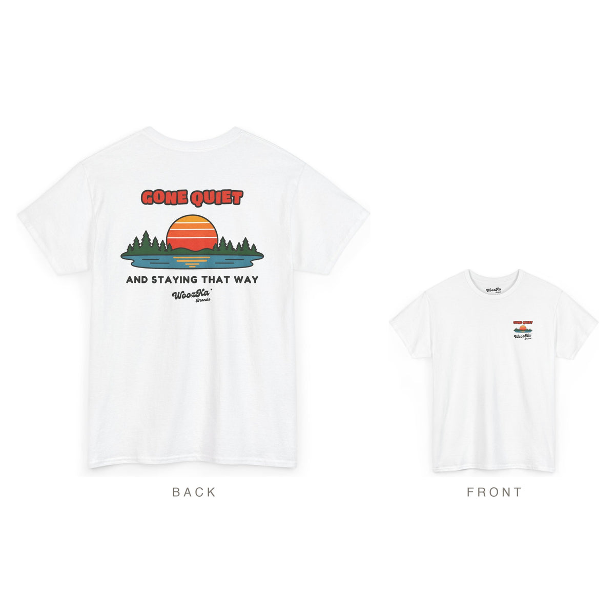 Retro Sunset Lake T-Shirt, Nature Outdoors Pine Back Print, White, back and front