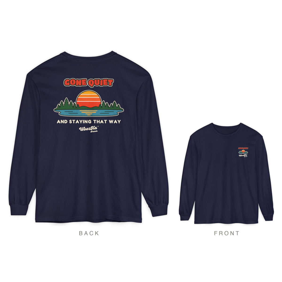 Retro Sunset Lake Long Sleeve Tee, Nature Outdoors Back Print, True Navy, back and front