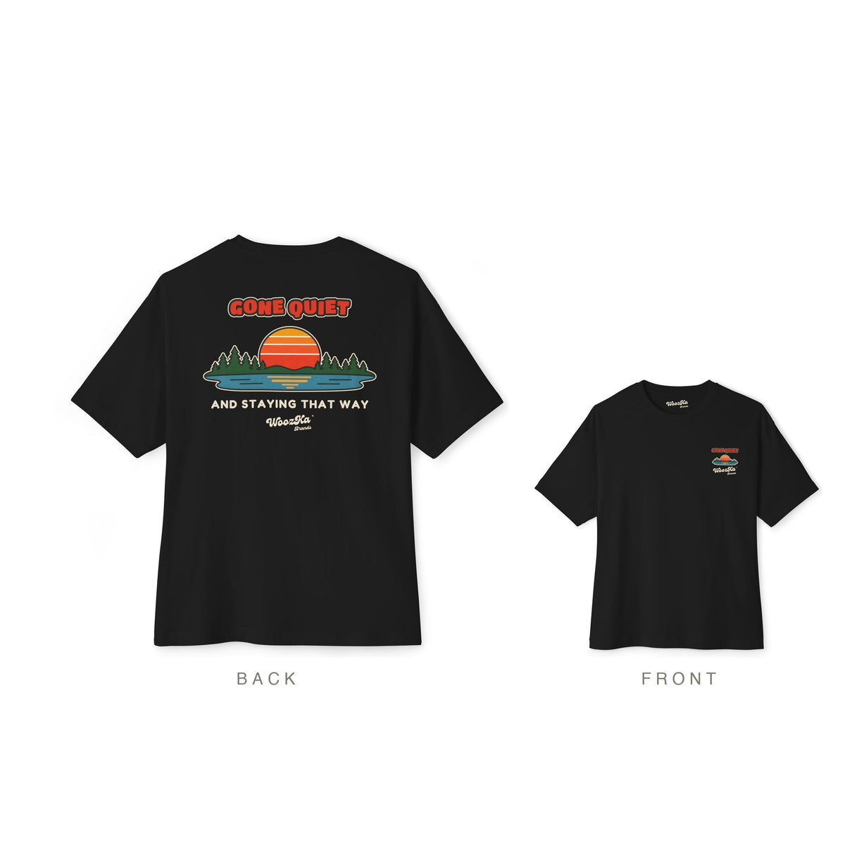 Retro Sunset Lake Oversized Tee, Nature Outdoors Back Print, Black, back and front