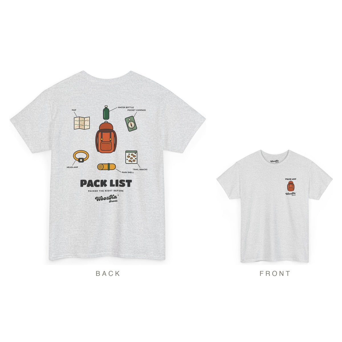 Hiking T-Shirt, Backpacking Gear List Back Print, Ash, back and front