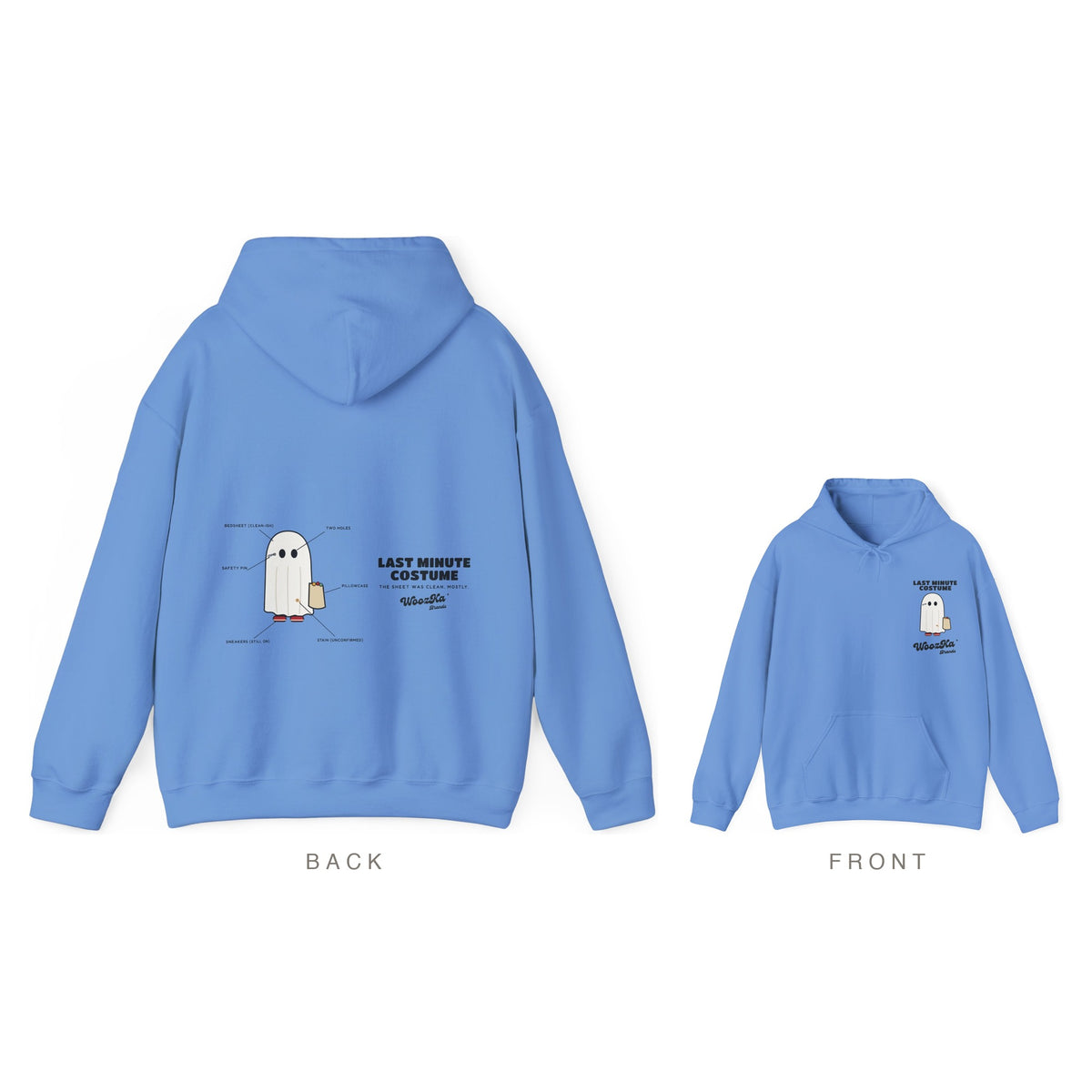 Lazy Halloween Costume Hoodie, Funny Ghost Wide Back Print, Carolina Blue, back and front