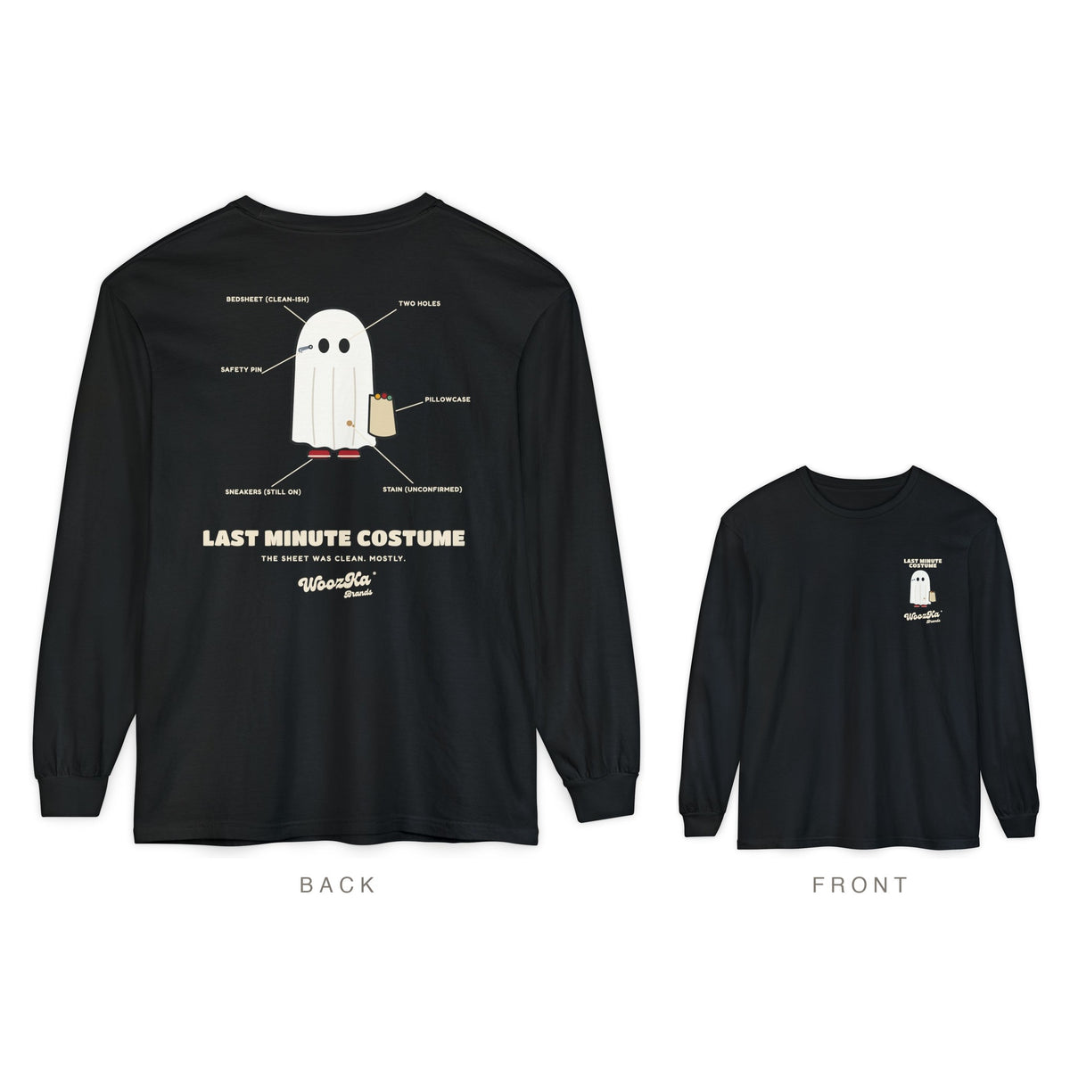 Lazy Halloween Costume Long Sleeve Tee, Back Print, Black, back and front