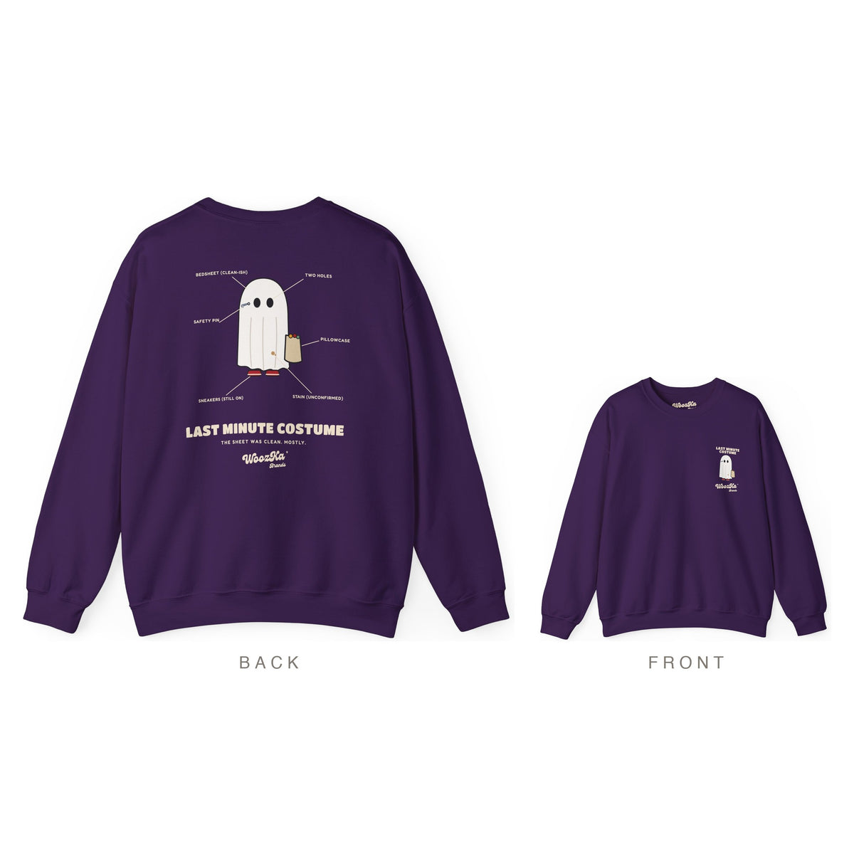 Lazy Halloween Costume Sweatshirt, Funny Ghost Back Print, Purple, back and front
