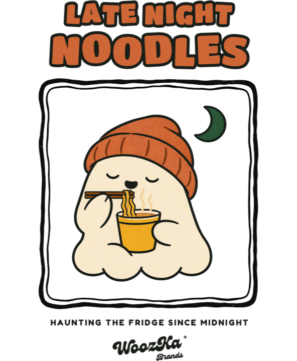 Late Night Noodles artwork: a ghost in a beanie eating noodles