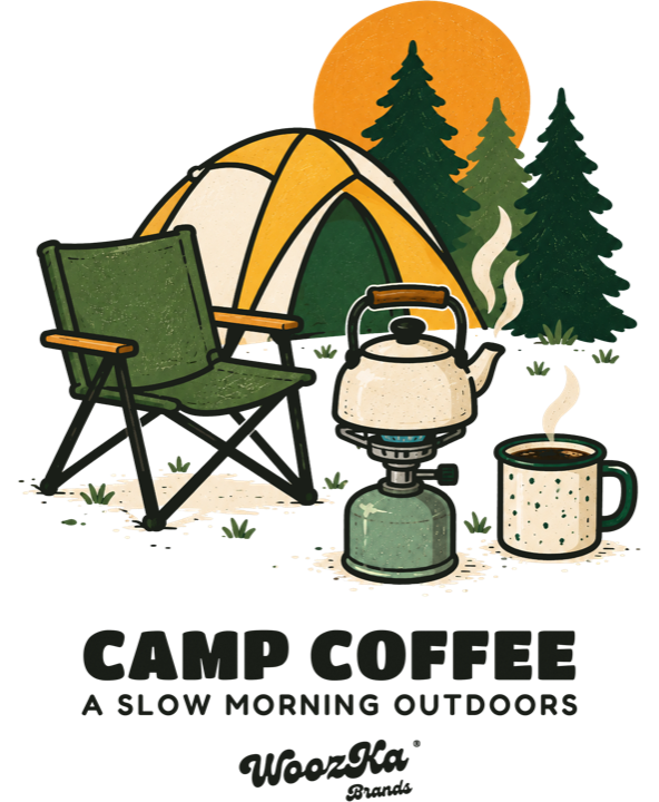 Camp Coffee artwork: a camp chair, kettle and mug
