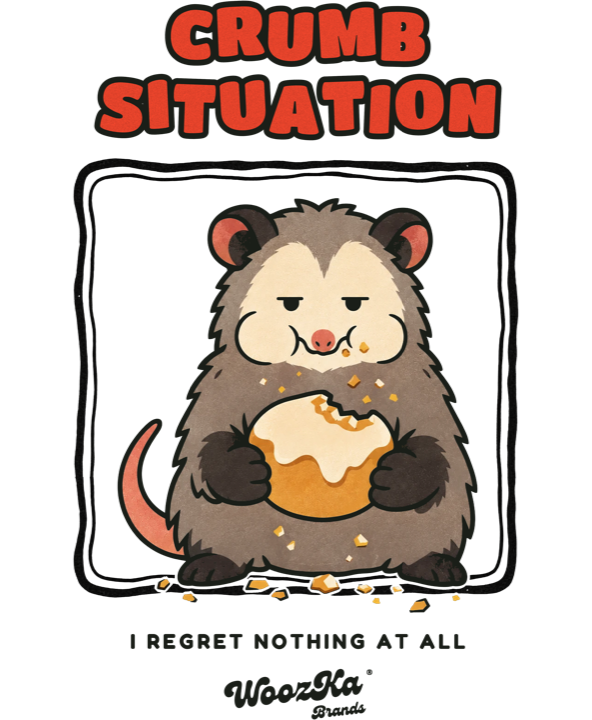 Crumb Situation artwork: an opossum with a bitten pastry